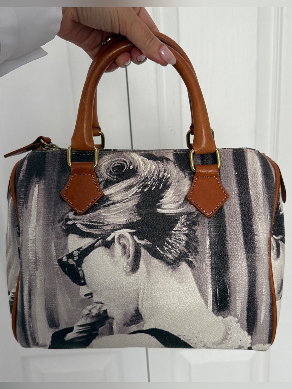 Italian Graphic Canvas Satchel with Brown Leather Trim